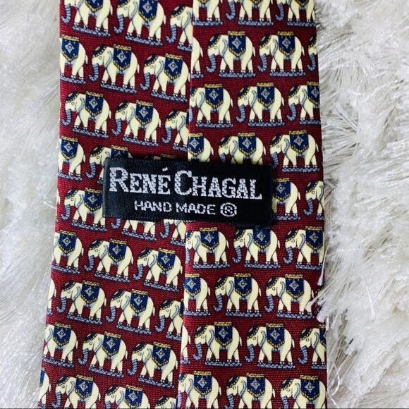 Vintage Rene Chagal Silk Elephant Print Burgundy Necktie Tie - Picture 5 of 5